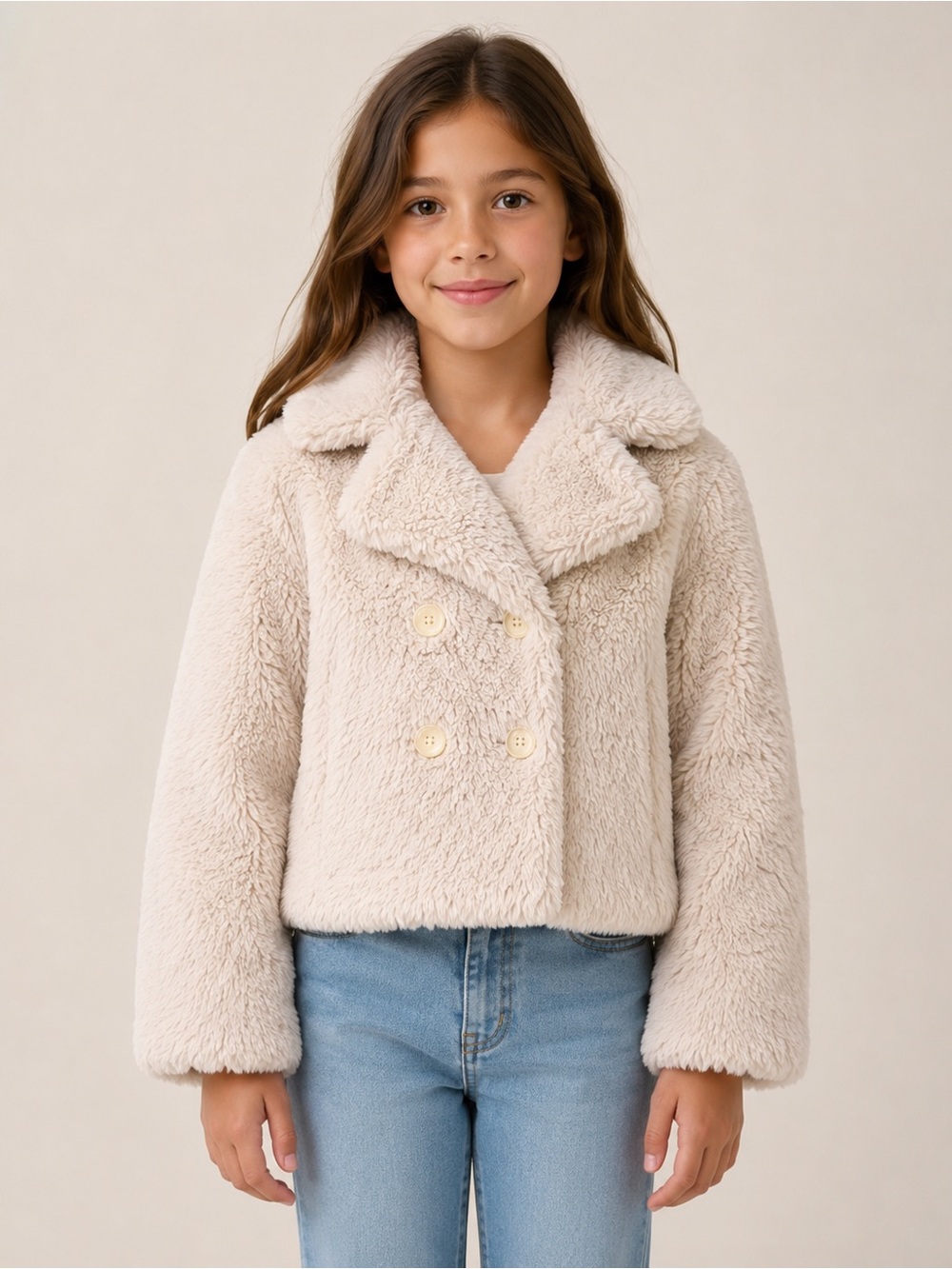 GapKids Faux Fur Coat Youth Large 10 Cream Cropped Plush Jacket